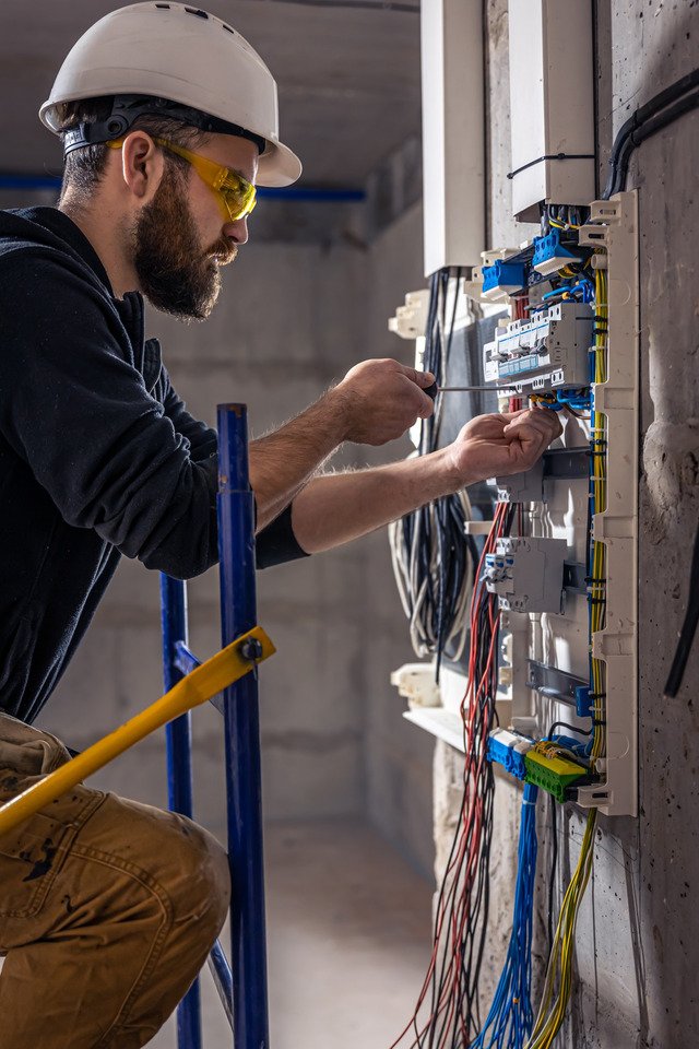 électricien qui effectue des branchements sur un tableau électrique