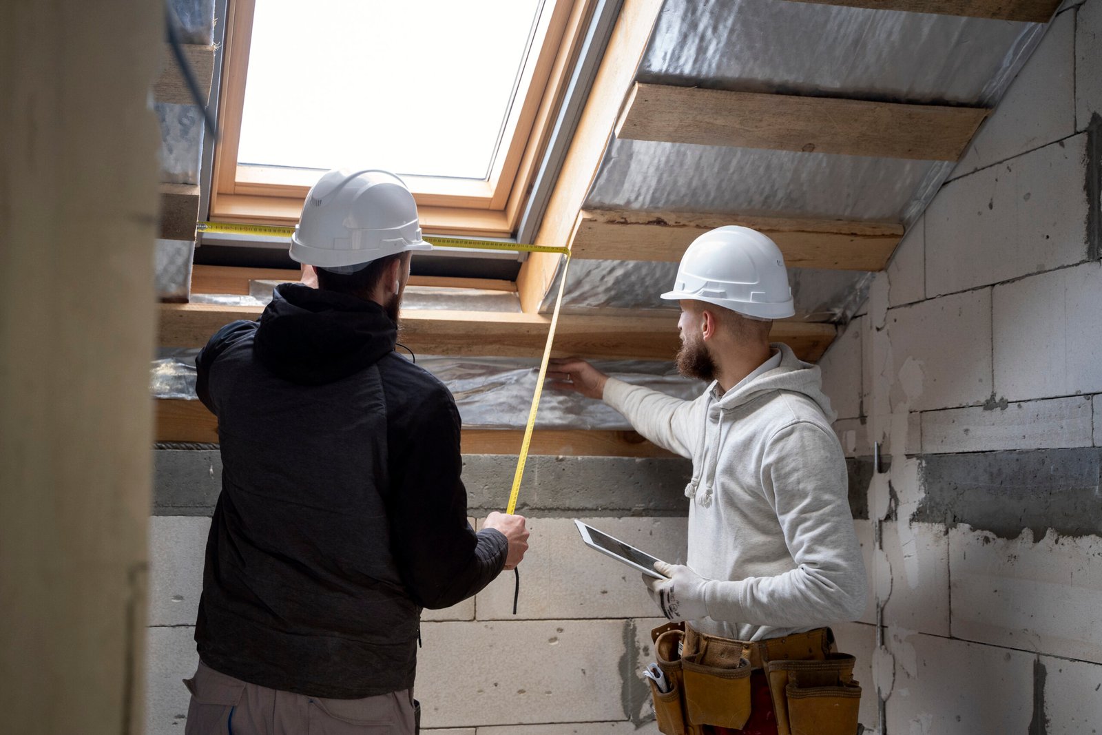 Deux ouvriers travaillant sur l'isolation d'une toiture